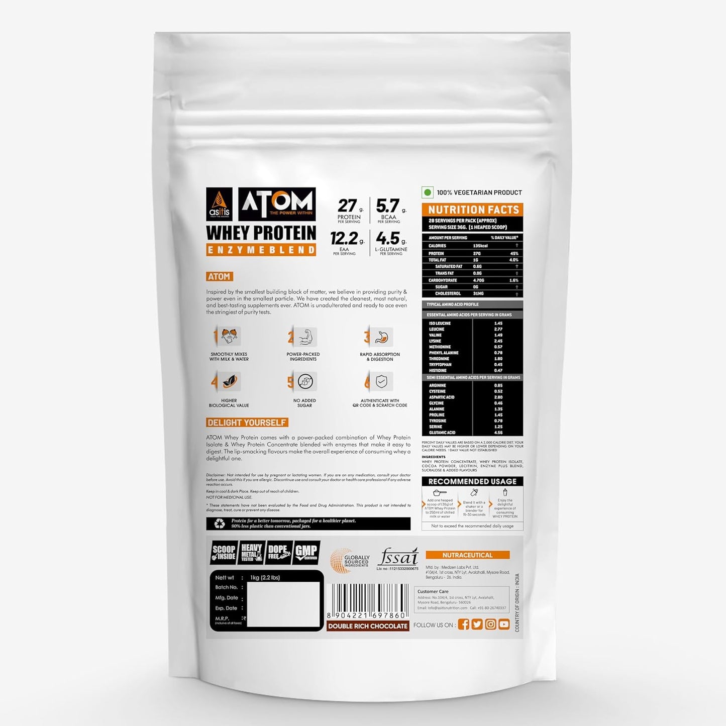 Asitis atom whey protein 1kg Nutrition Value