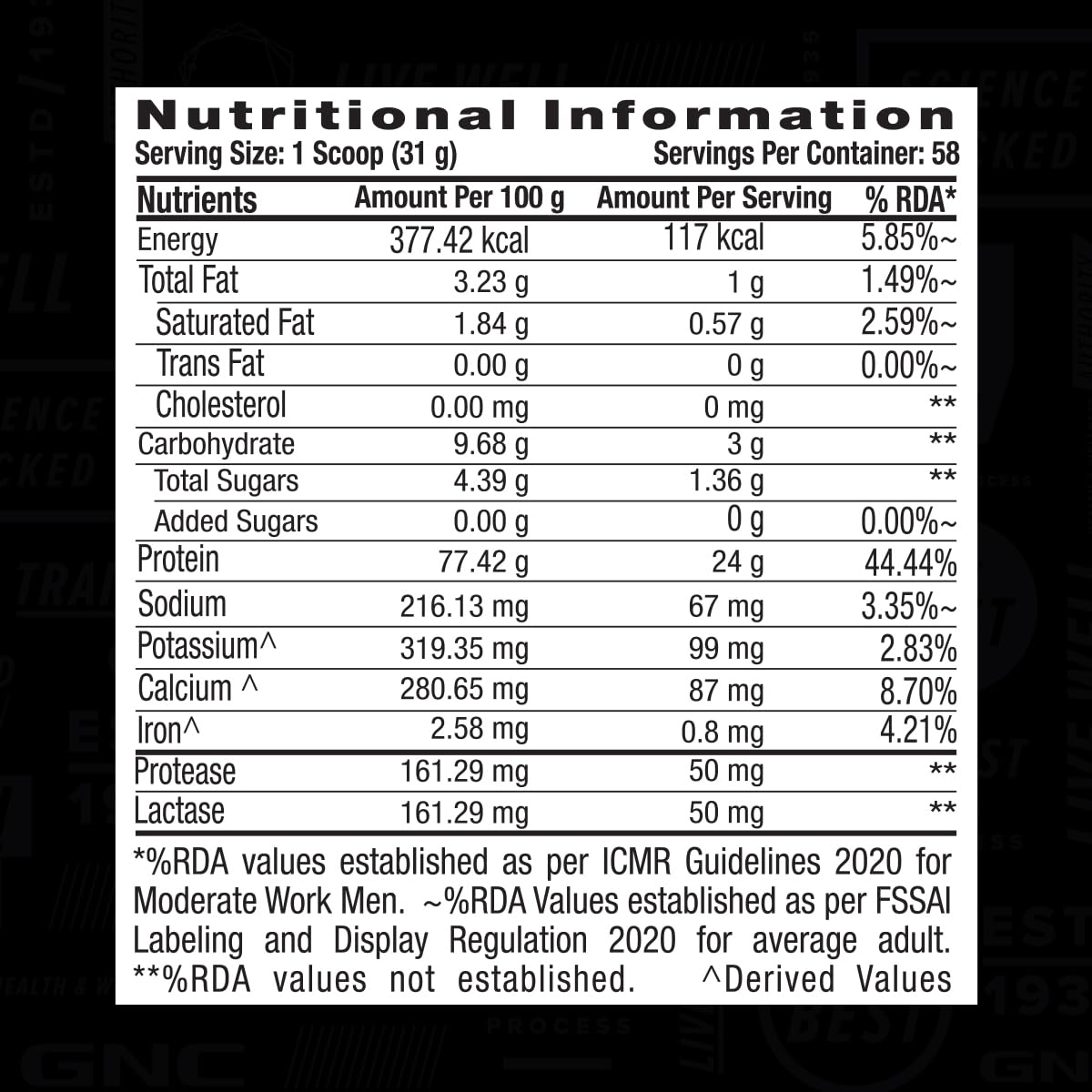Gnc Amp 100% Whey protein advanced 1.81kg (4 lbs.) Nutrition Value