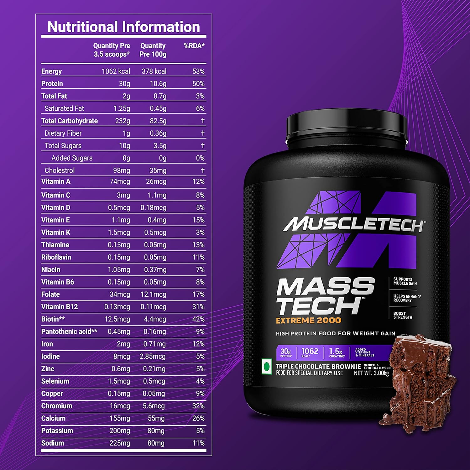 Muscletech Mass tech Extreme 3kg Nutrition facts