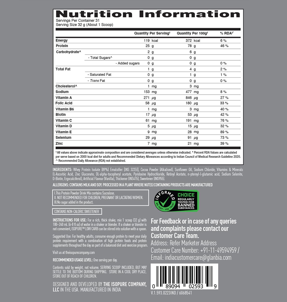Isopure Low carb 1kg (2.2 lb) Nutrition Value