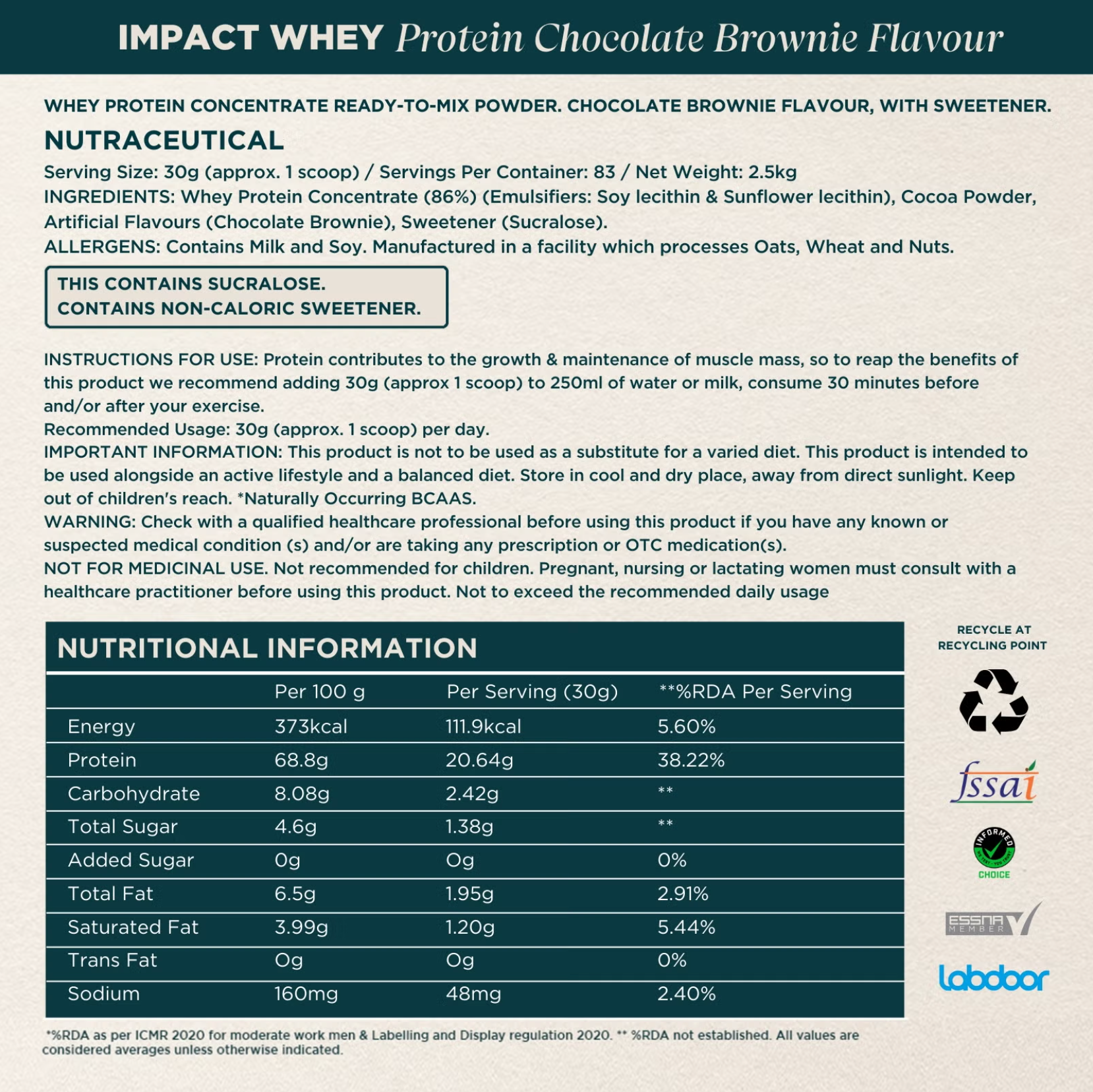Myprotein Impact Whey Protein 2.5kg Nutrition Info