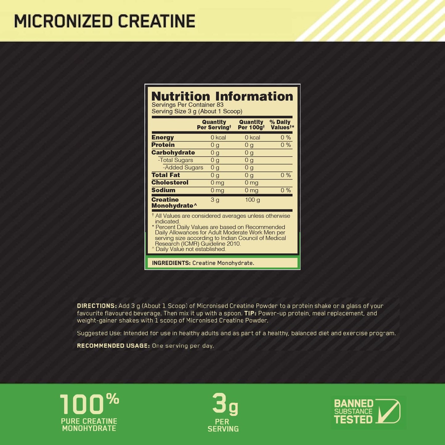 On micronized Creatine monohydrate 250g Nutrition facts